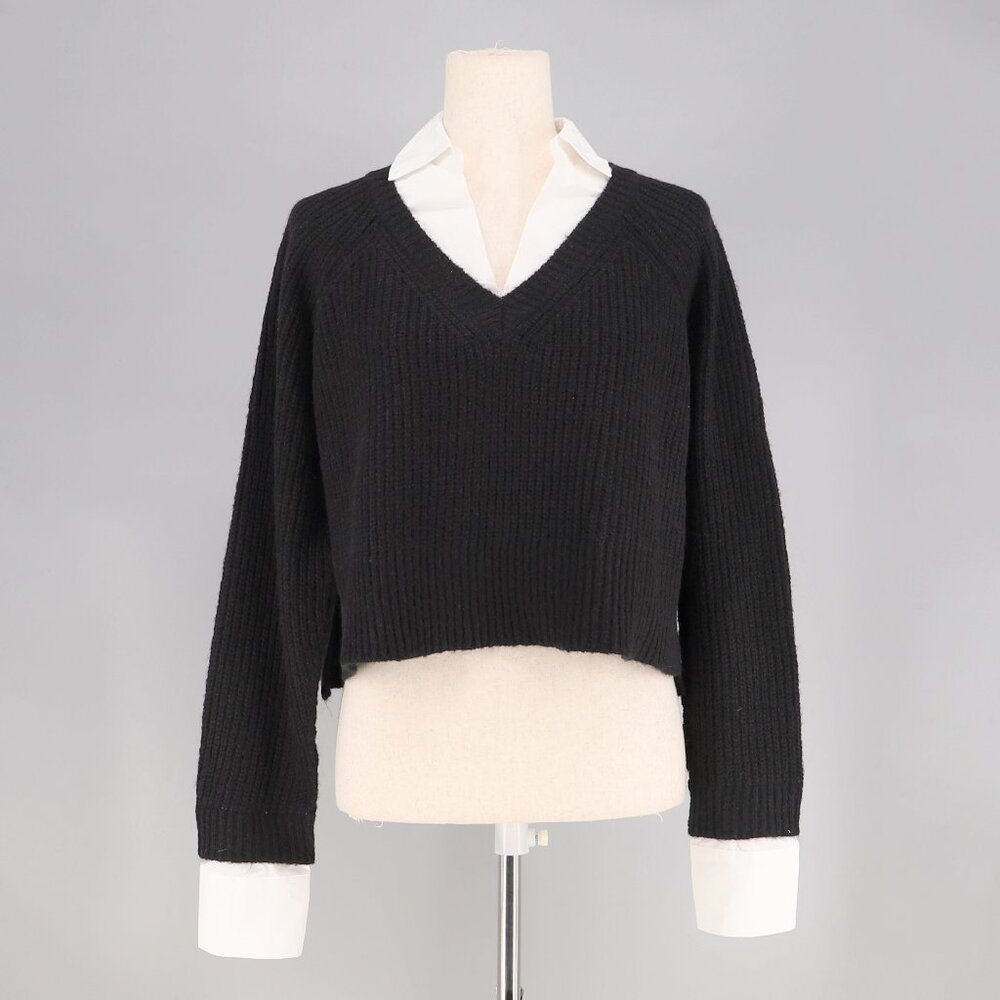 NWT ELAN Kasha Layered Collared V-Neck Cropped Sweater Shirt Black White Size S - Picture 3 of 9